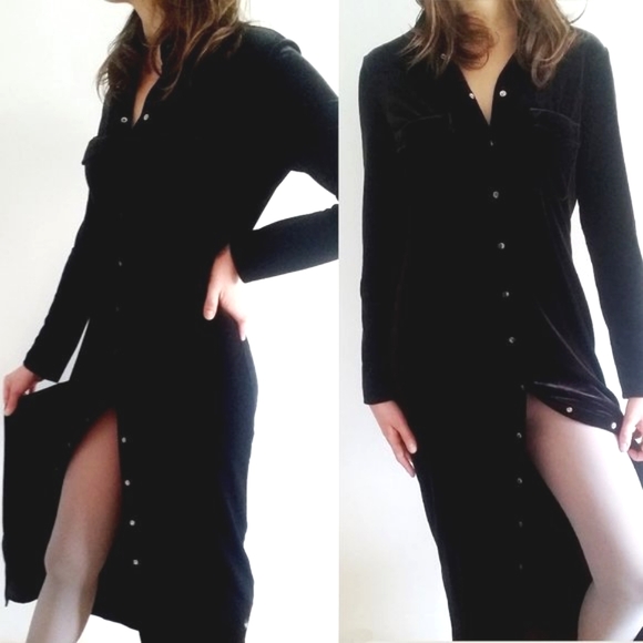 1990's Black Velvet Maxi Dress with Snap Buttons - Picture 1 of 7